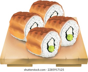 Unagi Sushi roll set on wooden plate, sliced sushi roll with salmon, oil paint style, digital paint, on white background. Asian food, japanese food, casual food hand drawn digital illustration.