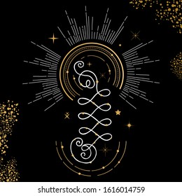 Unalome buddhism symbol. Bohemian vector logo, illustration with sacred geometry.
