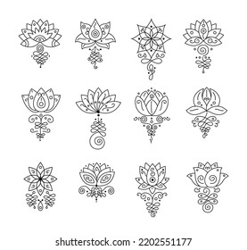 Unalome Lotus. Bohemian Flower Tattoo, Buddhism Life Path Sign And Zen Geometry. Magic Spiral And Yoga Ornament Vector Set Of Bohemian Outline Meditation Illustration