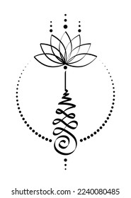 Unalome lotus flower symbol, Hindu or Buddhist sign representing path to enlightenment. Hand drawn Yantras Tattoo icon. Simple black and white ink drawing, isolated vector illustration