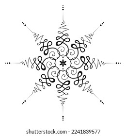 Unalome mandala symbol, flower of life. Hindu or Buddhist sign representing path to enlightenment. Yantras Tattoo icon. Simple black and white ink drawing, isolated vector illustration