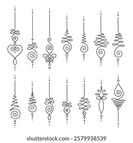 Unalome Sacred Geometry Ornamental Tattoo Design Collection Set for Spiritual and Bohemian Aesthetic Art. Black and white.