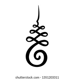 Unalome symbol, Hindu or Buddhist sign representing path to enlightenment. Simple black and white ink drawing, isolated vector illustration.