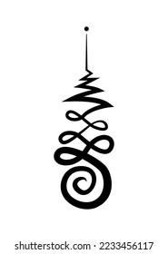 Unalome symbol, Hindu or Buddhist sign representing path to enlightenment. Yantras Tattoo icon. Simple black and white ink drawing, isolated vector illustration