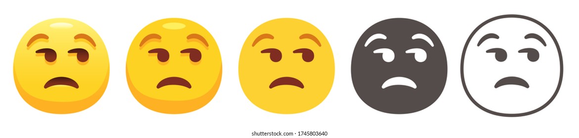 Unamüsierte Emoji. Unbeeindrucktes gelbes Gesicht mit erhöhten Augenbrauen, traurigem Lächeln und seitlich blickenden Augen. Meh Emoticon flache Vektor-Symbol-Satz