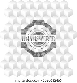 Unanswered realistic grey emblem with cube white background. 