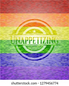 Unappetizing emblem on mosaic background with the colors of the LGBT flag