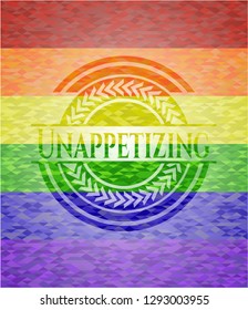 Unappetizing emblem on mosaic background with the colors of the LGBT flag