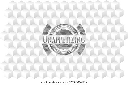 Unappetizing grey emblem with geometric cube white background