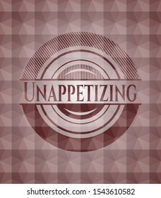 Unappetizing red emblem or badge with abstract geometric pattern background. Seamless.