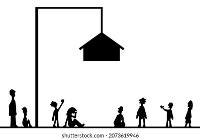 Unattainable housing scene silhouette cartoon black, vector illustration, horizontal, over white
