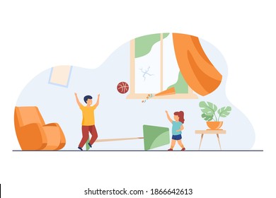 Unattended kids making chaos at home. Children playing ball indoors among mess flat vector illustration. Family, childhood, parenthood problem concept for banner, website design or landing web page