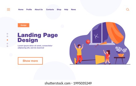 Unattended kids making chaos at home. Children playing ball indoors among mess flat vector illustration. Family, childhood, parenthood problem concept for banner, website design or landing web page