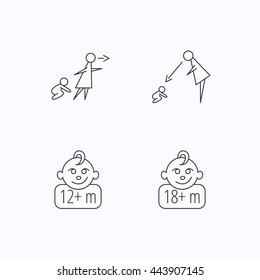 Unattended, parents supervision and 12 months child icons. 18+ months child linear sign. Flat linear icons on white background. Vector
