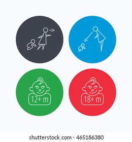 Unattended, parents supervision and 12 months child icons. 18+ months child linear sign. Linear icons on colored buttons. Flat web symbols. Vector