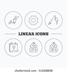 Unattended, parents supervision and 12 months child icons. 18+ months child linear sign. Flat cogwheel and calendar symbols. Linear icons in circle buttons. Vector