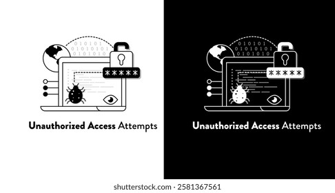 Unauthorized Access Attempts Cybersecurity Icon – Hacking, Data Breach, and Online Security illustration. Black and White Editbable Stroke and Colors.