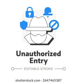 Unauthorized entry flat outline concept icon. Physical security threat and risk. Alien access to restricted area. Modern line illustration with blue glyphs. Conceptual visual. Easy to edit