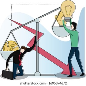 Unbalanced business scale vector concept with businessman putting broken light bulbs and fractured coin while the other man crying and sobbing, isolated in white background with big red arrow