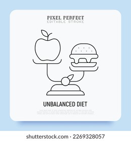 Unbalanced diet: scales with hamburger and apple. Unhealthy food. Pixel perfect, editable stroke. Vector illustration.