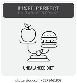 Unbalanced diet: scales with hamburger and apple. Unhealthy food. Pixel perfect, editable stroke. Vector illustration.