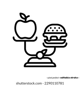 Unbalanced diet: scales with hamburger and apple. Unhealthy food. Pixel perfect, editable stroke. Vector illustration.