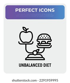 Unbalanced diet: scales with hamburger and apple. Unhealthy food. Vector illustration.