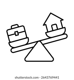 Unausgeglichenes Lifestyle-Symbol Bearbeitbares dünnes Liniensymbol, das die Anspannung des Heimarbeitsplatzes zeigt, Ermüdung des entfernten Arbeitnehmers mit Aktentasche und Umrissgrafik des Hauses