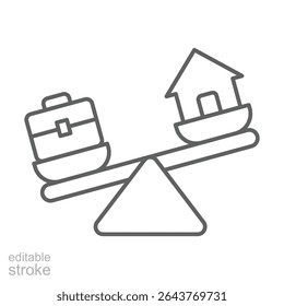 Unbalanced lifestyle icon Editable thin line symbol showing home job tension remote worker fatigue with briefcase and house outline graphic