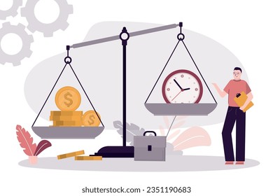 Escalas desequilibradas con horas y monedas doradas. Empresario buscando equilibrio entre dinero y tiempo dado. Gestión del tiempo, concepto de negocio. ilustración vectorial plana