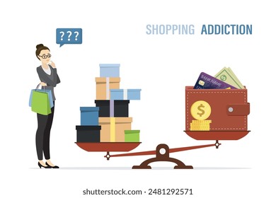 Unbalanced scales, purchases and spending outweigh wallet with money and credit cards. Shopping addiction. Unhappy woman customer bankrupt, poverty. Shopaholism concept. Excessive spending of finances