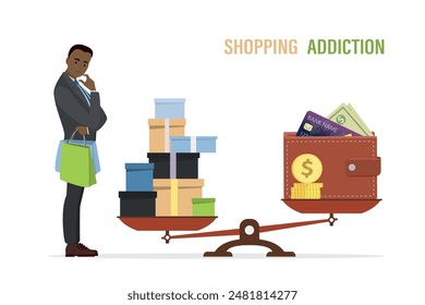 Unbalanced scales, purchases and spending outweigh wallet with money and credit cards. Shopping addiction. Unhappy man customer bankrupt, poverty. Shopaholism concept. Excessive spending of finances