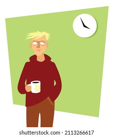 Unbearable anticipation of the end of the working day. A man with a cup of coffee looks hopefully at the clock on the wall. Vector image for prints, poster and illustrations.
