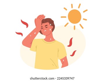 Unbearable heat and exhausted concept. Young man suffering from heat stroke symptom, sweat, high body temperature, dehydration, perspire and headache. Flat vector illustration