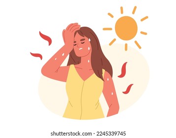 Calor insoportable. Mujer joven que padece síntomas de apoplejía de calor, sudor, alta temperatura corporal, deshidratación, sudor y dolor de cabeza. Verano caliente con sol.Ilustración vectorial plana