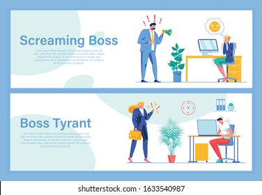 Unbearable Office Situation. Man Chief with Megaphone Shouting at Woman Employee. Lady Boss Hysterically Yelling at Subordinates, Spoiling and Poisoning Company Atmosphere. Two Banners. Copy Space.
