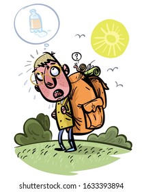 Unbearable thirst. Boy with a backpack. Comic character. Vector illustration