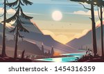 Unbelievable mountain landscape. Modern vector illustration concept. Exciting view. A great mountains is surrounded river. Camping. Outdoor recreation. Sunset.