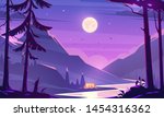 Unbelievable mountain landscape. Modern vector illustration concept. Exciting view. A great mountains is surrounded river. Camping. Outdoor recreation. Calm night.