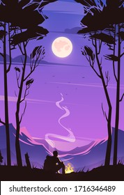 Increíble paisaje montañoso. Concepto moderno de ilustración vectorial. Vista emocionante. El viajero está sentado frente a un incendio. Camping. Recreación al aire libre. Calma noche.