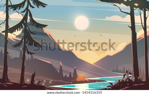 信じ難い山並み 現代のベクターイラストのコンセプト エキサイティングな景色 大きな山が川に囲まれている キャンプ 屋外の娯楽 日没 のベクター画像素材 ロイヤリティフリー