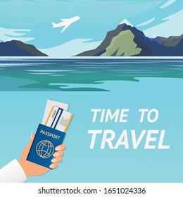 Unbelievable mountain landscape. Vector illustration. Exciting view. A great mountain is surrounded river. Passport for travel and tourism. Travel to Exotic Countries Motivation Abstract Banner. Tour