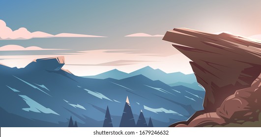 Unbelievable mountain landscape. Vector illustration. Exciting view. Great mountains and forest.