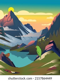 Unbelievable mountain landscape. Vector illustration. Exciting view. The parrot sitting on the riverside.