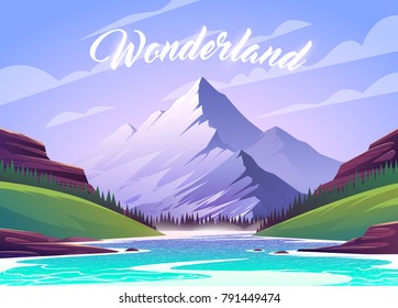 Unbelievable mountain landscape. Vector illustration. Exciting view. A great mountain is surrounded river.