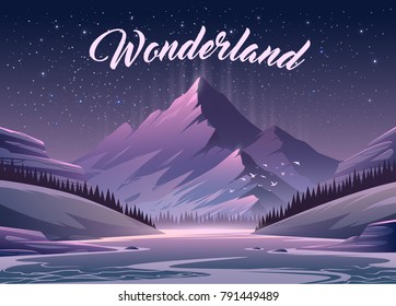 Unbelievable mountain landscape. Vector illustration. Exciting view. A great mountain is surrounded river.