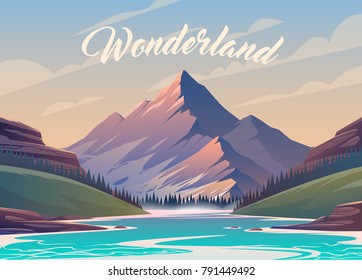 Unbelievable mountain landscape. Vector illustration. Exciting view. A great mountain is surrounded river.