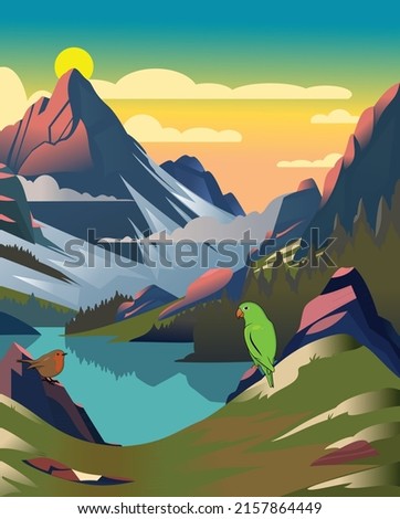 Unbelievable mountain landscape. Vector illustration. Exciting view. The parrot sitting on the riverside.