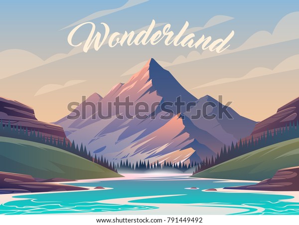 信じ難い山並み ベクターイラスト エキサイティングな景色 大きな山が川を囲んでいる のベクター画像素材 ロイヤリティフリー