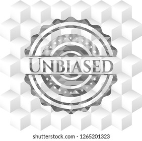 Unbiased grey badge with geometric cube white background